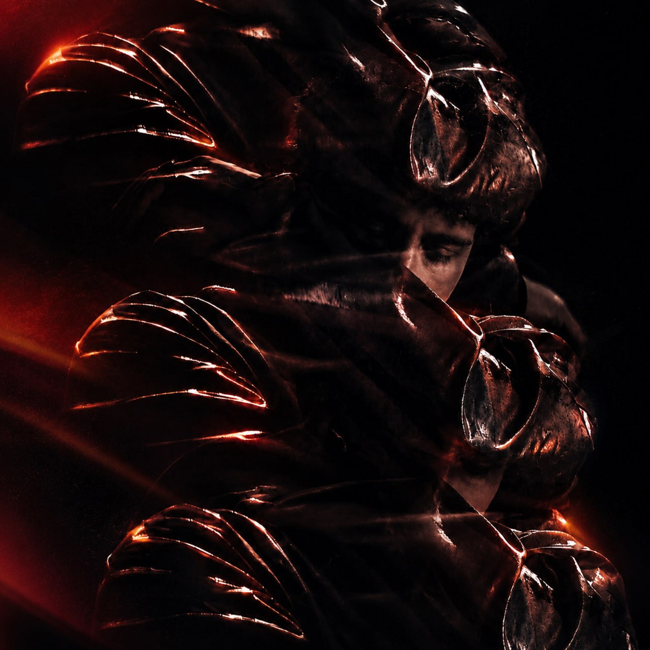 KTF single cover: a figure in dark feathered armour lit by red light